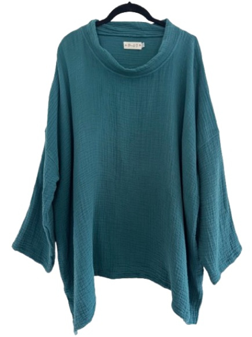 Bodil Cowl Neck Cotton Gauze Long Sleeve Tunic Top One Size Teal Blue Green
